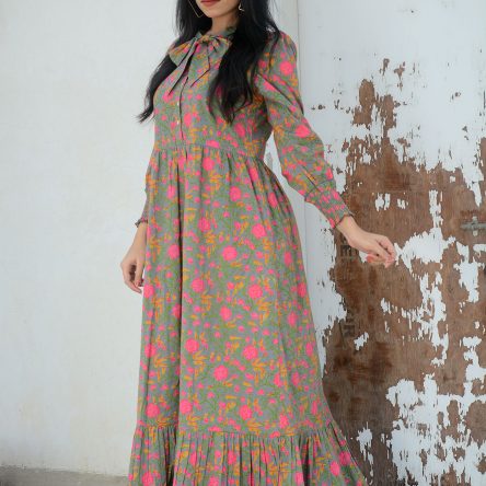 Sasti Deal Pink Floral on Grey with Tie-Up Neck Maxi Dress