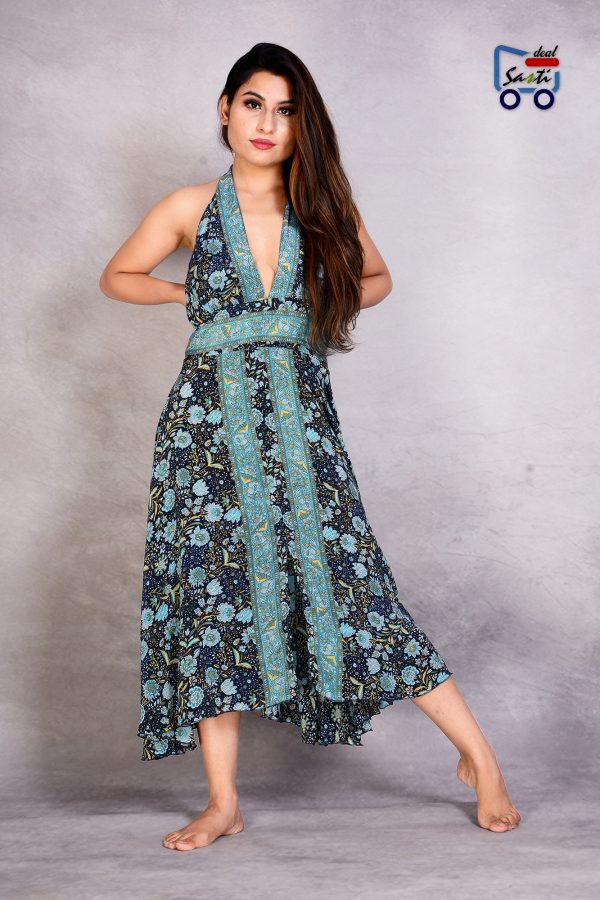 Online Shopping at SastiDeal Backless Silk Halter Neck Mid Calf Length Light Sea Green Dress
