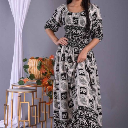 Women Elephant Printing White n Black Color Dress At Sasti Deal
