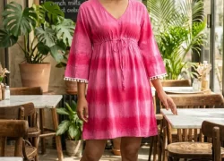 Pink Boho Cotton Tie-Dye Mini Dress with Adjustable Drawstring