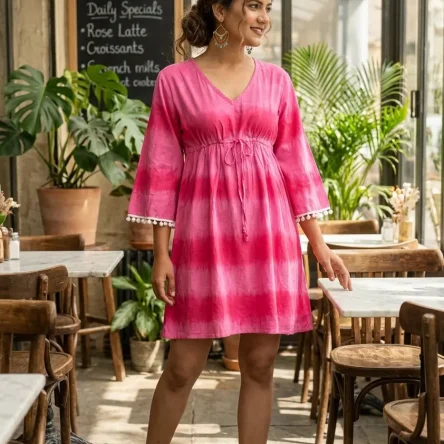 Pink Boho Cotton Tie-Dye Mini Dress with Adjustable Drawstring